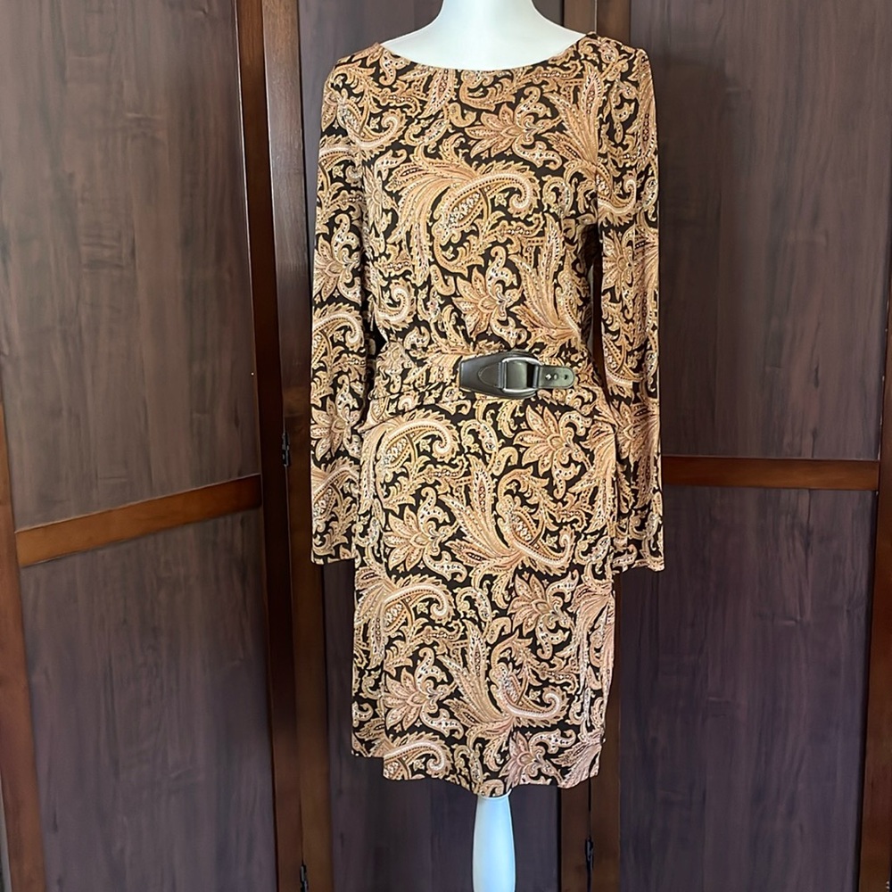 Ralph Lauren Black Label Black and Tan Paisley Midi Dress